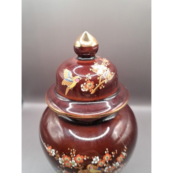8.5" Jar Birds Floral Porcelain Ginger Jar lid Ceramic Shiny Glaze Gold Trim - Picture 4 of 14